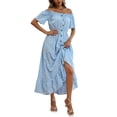 thumbnail image 1 of VISgogo Vestido de mujer, estampado floral, hombros descubiertos, manga corta, decoración de botones, dobladillo con volantes, vestido de blusón VISgogo  moda, 1 of 9