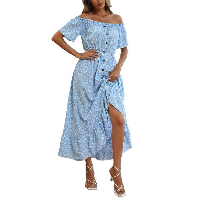 VISgogo Vestido de mujer, estampado floral, hombros descubiertos, manga corta, decoración de botones, dobladillo con volantes, vestido de blusón VISgogo moda