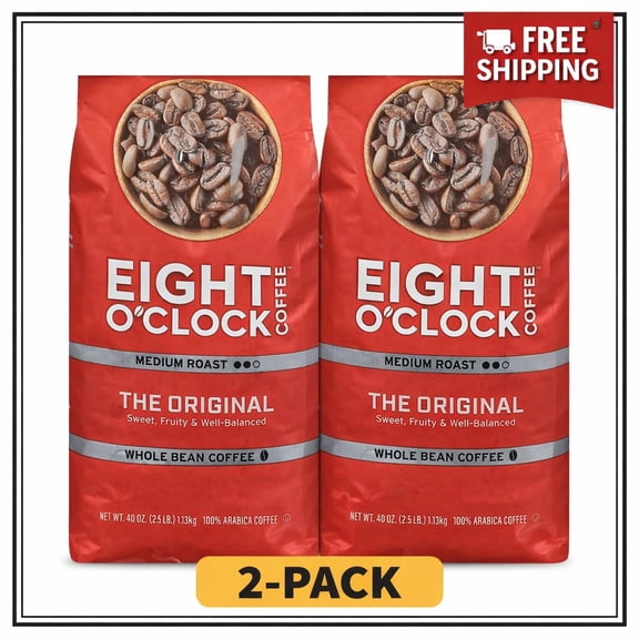 Eight O'Clock The Original Medium Roast Whole Bean Coffee, 40 oz Each, Pack of 2