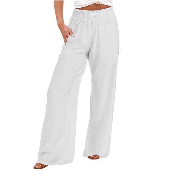 lcziwo Women Linen Palazzo Pants Summer Solid Wide Leg High Waist Casual Lounge Pant Trousers with Pockets,White,L