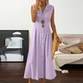 thumbnail image 2 of Linen Cotton Dress for Women V Neck Lapel Collared Full Button Down A-Line Dresses Sleeveless Petite Business Gauze Dresses Light Purple M, 2 of 6