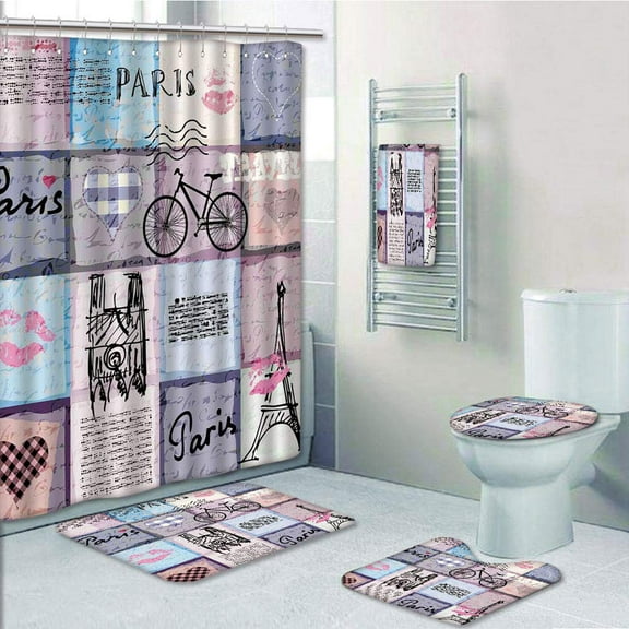 PRTAU Paris Grunge Textured Retro Collage of Paris with Famous Object Eiffel Tower Europe 5 Piece Bathroom Set Shower Curtain Bath Towel Bath Rug Contour Mat and Toilet Lid Cover