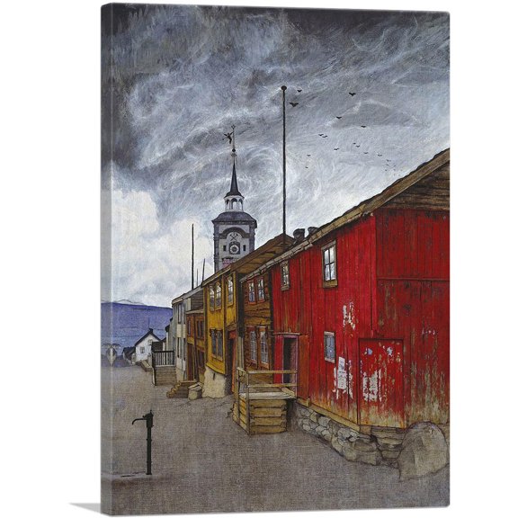 ARTCANVAS Street In Roros 1902 Canvas Art Print by Harald Sohlberg - Size: 12" x 8" (0.75" Deep)