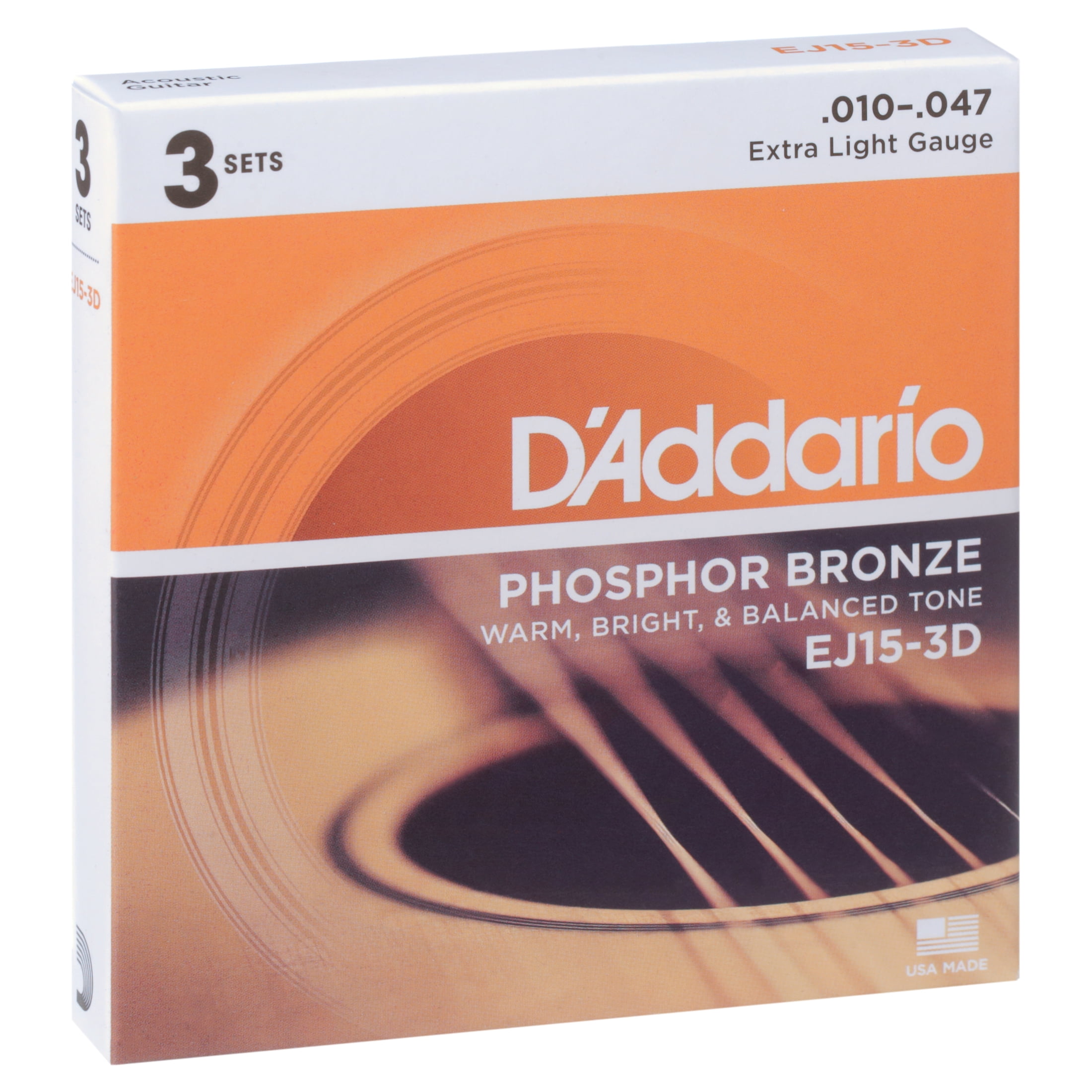 D'Addario EJ15-3D Phosphor Bronze Acoustic Guitar Strings, Extra Light, 3 Sets