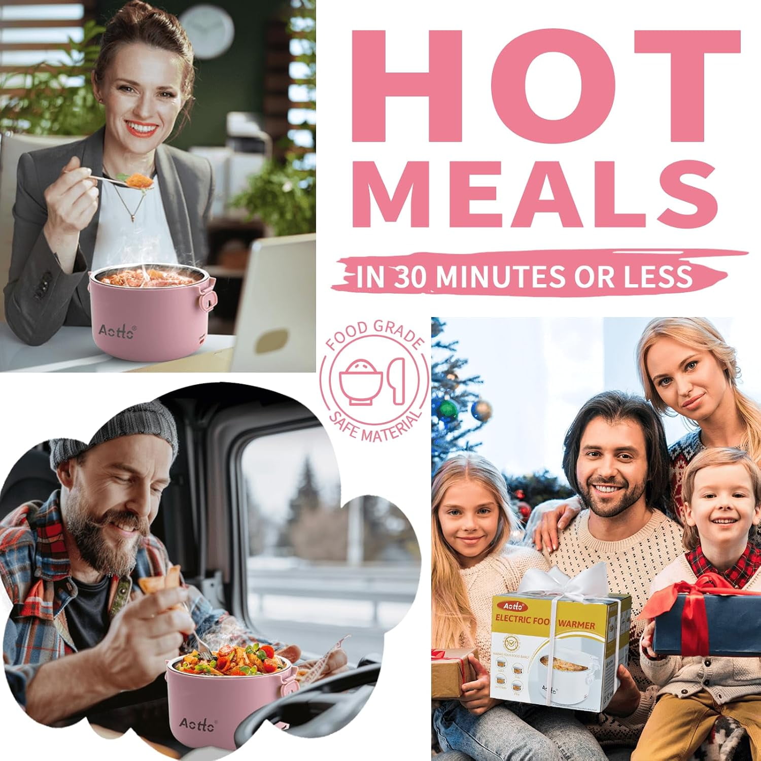 Aotto Electric Lunch Box, 32 oz Portable Heated Lunch Box for Adults, 12V/24V/110V Portable Food Warmer for Car/Truck/Work, BPA-Free, Pink