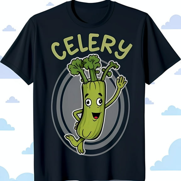 Fun Cartoon Celery Graphic on Black T-Shirt Vibrant Design for All Ages