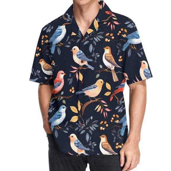 joogoo Men's Hawaiian Shirt Birds on Branches Short Sleeve Casual Button Down Shirts M