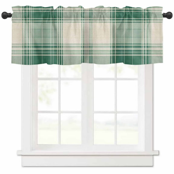 Window Treatment Valance Curtain, Beige Seagreen Plaid Buffalo Spring Shade Short Curtain for Kitchen Bathroom Living Room Bedroom Privacy Rod Pocket Drapes 54" W x 18" L 1 Panel