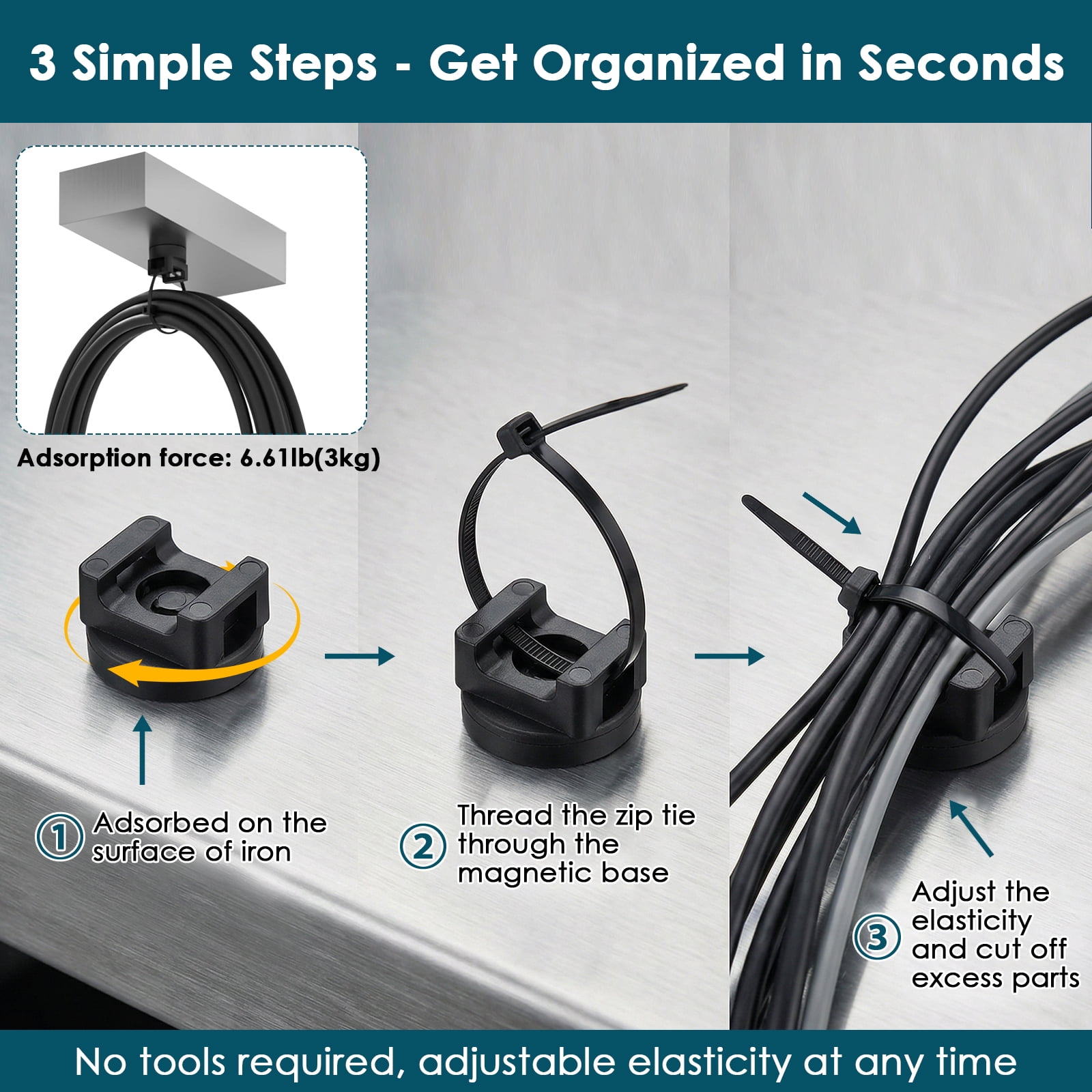 Grusce Magnetic Cable Ties Set, 25 Magnetic Tie Mounts with 200 Cable Ties, Wire Holder Cables Management, Multipurpose Electrical Cord Holders Organizer for Home Office