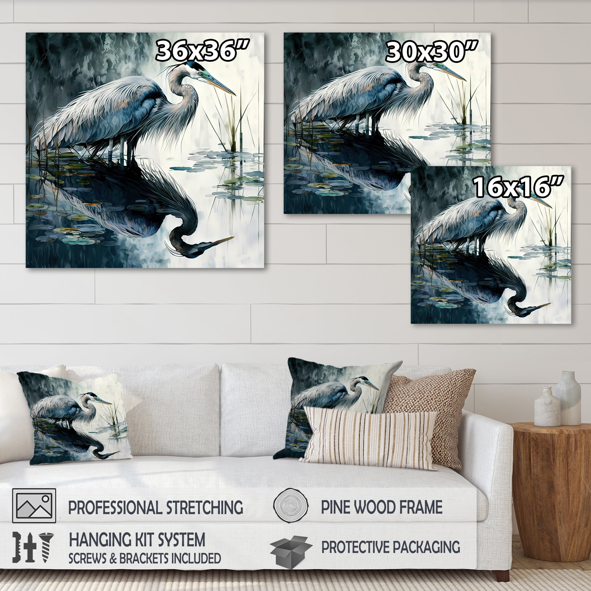 Designart Cute Heron In A Lake Floral Art IV Canvas Wall Art