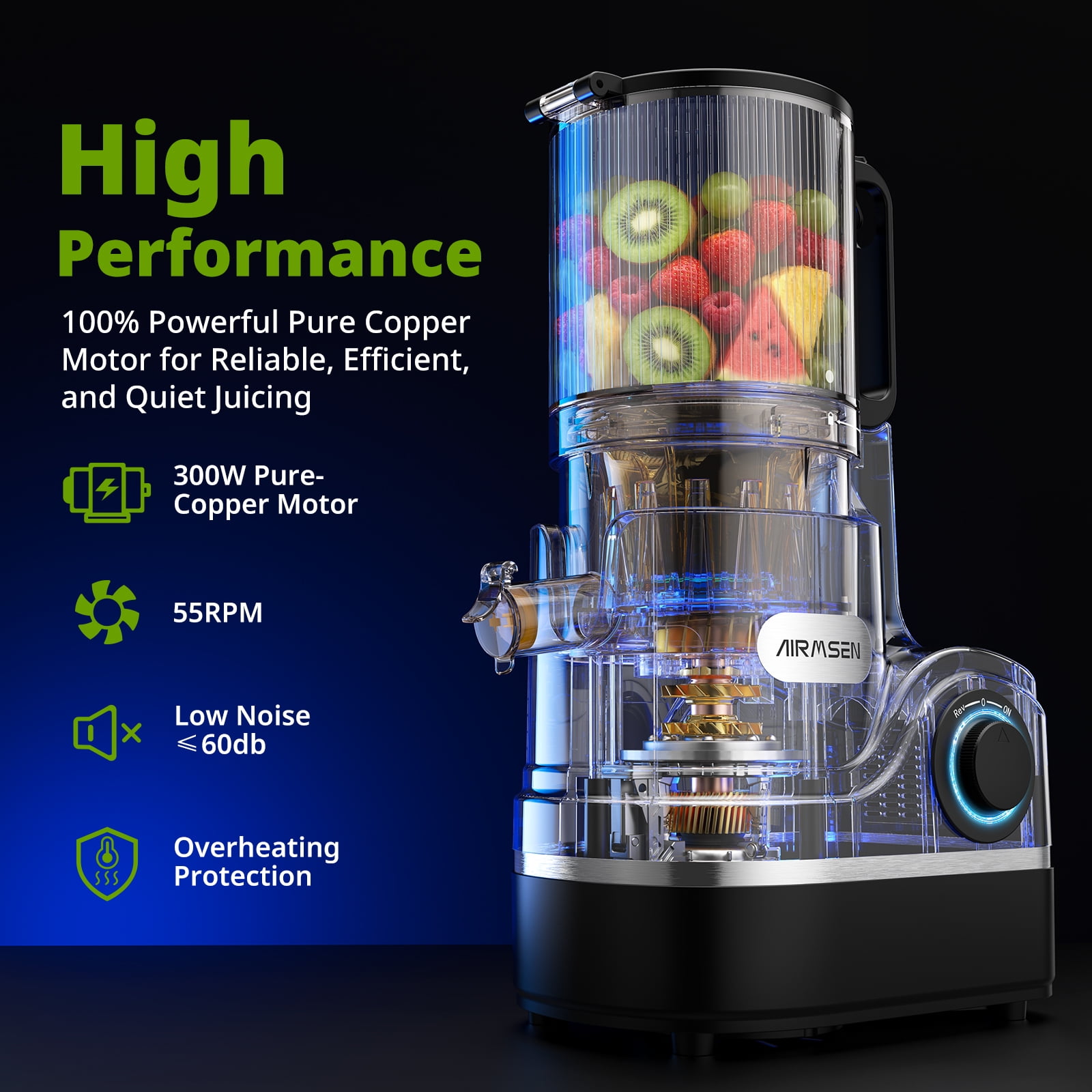 AIRMSEN Cold Press Juicer Machine with 6" Wide Feed Chute, 300W Slow Masticating Juicer, Easy-to-Clean Electric Juicer for Whole Fruits and Vegetables, BPA-Free, Black