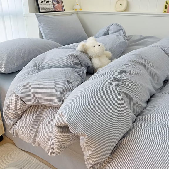 Blue Striped Duvet Cover King 100% Washed Cotton White Pinstripe Duvet Cover Set Soft Linen Like Textured Stripe Pattern Farmhouse Bedding Set with Zipper Closure Corner Ties