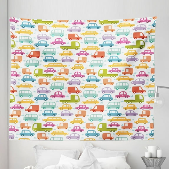 Cars Tapestry, Drive on a Sunny Fun Summer Day Theme with Colorful Buses Trucks Exhaust Fumes, Fabric Wall Hanging Decor for Bedroom Living Room Dorm, 5 Sizes, Multicolor, by Ambesonne