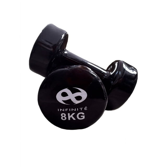 par de mancuernas profesionales forro de vinil 8kg par de mancuernas negras Infinite 8 kg con revestimiento de vinil brillante, logo Infinite y marcado "8KG" visible; diseño compacto para tonificar brazos, entrenamiento y ejercicios aeróbicos en casa o gimnasio, a menudo usado para añadir peso en caminatas o rehabilitación.