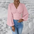 thumbnail image 2 of Long Sleeve Shirts For Women Waistline V Neck Sleeve Sleeve Solid Color Ruffled T Top Womens Long Sleeve Tops, 2 of 7