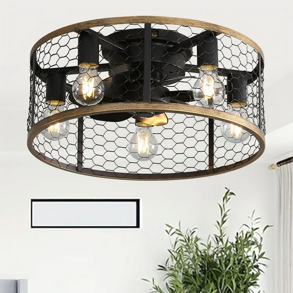 Sofucor 20" Matte Black Caged Ceiling Fan with 5-Piece Lighting Kit and Remote Control