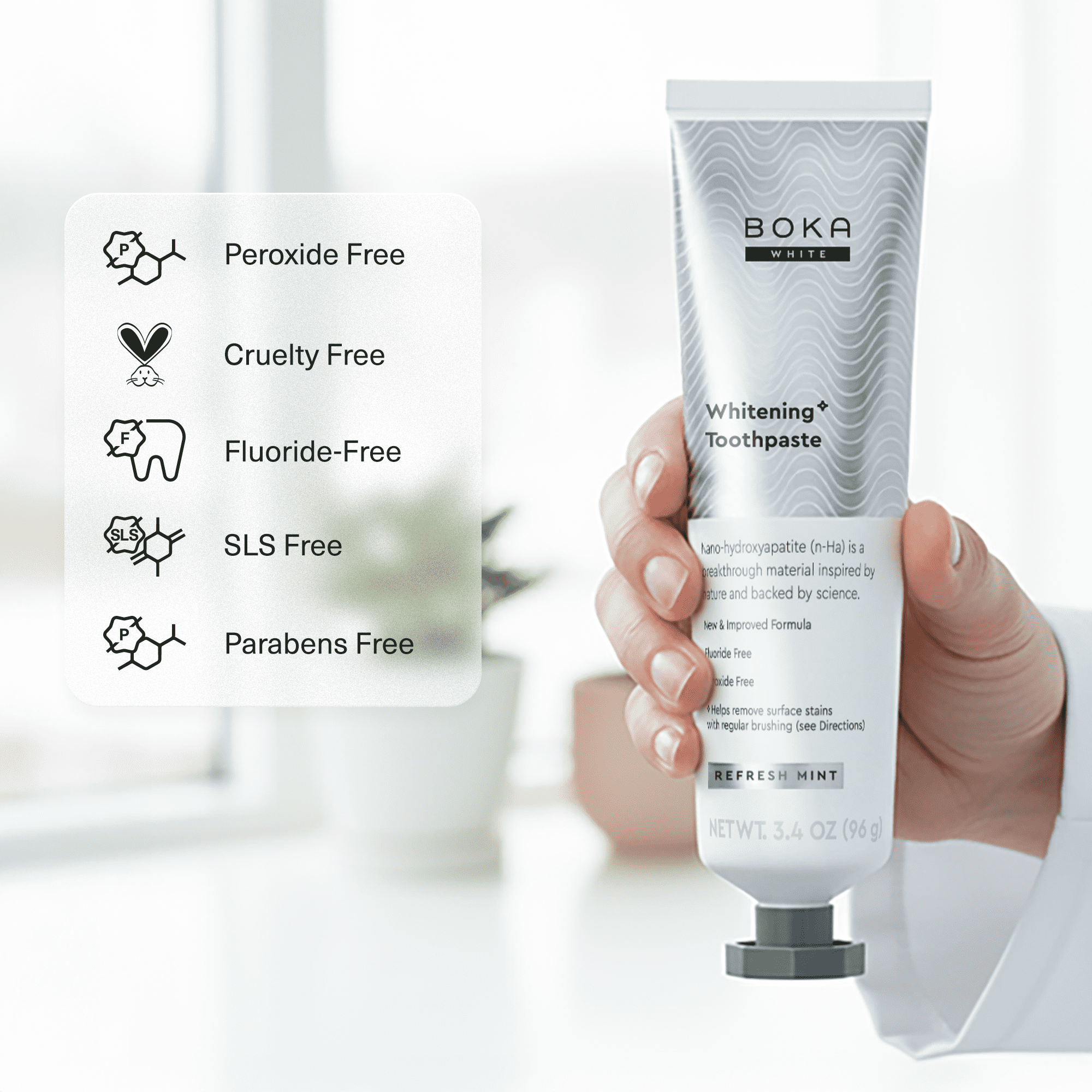 Boka Fluoride Free Toothpaste, Nano Hydroxyapatite Toothpaste, Appropriate for Sensitive Teeth - Whitening* Refresh Mint Flavor, 3.4 fl oz