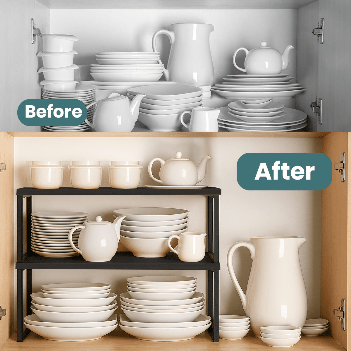 Sben Kitchen Shelf Cabinet Organizer, Set of 2, Counter Shelves, Kitchen Storage, Spice Rack, Stackable, Functional, Metal and Engineered Wood (Black)