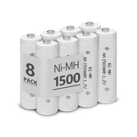 AA Rechargeable Batteries NIMH 1.2V Double A 1500mAh High Capacity Battery Pre-Charged Battery for Solar Light Electronic Toys Household Devices Replacement, 8 Pack, White