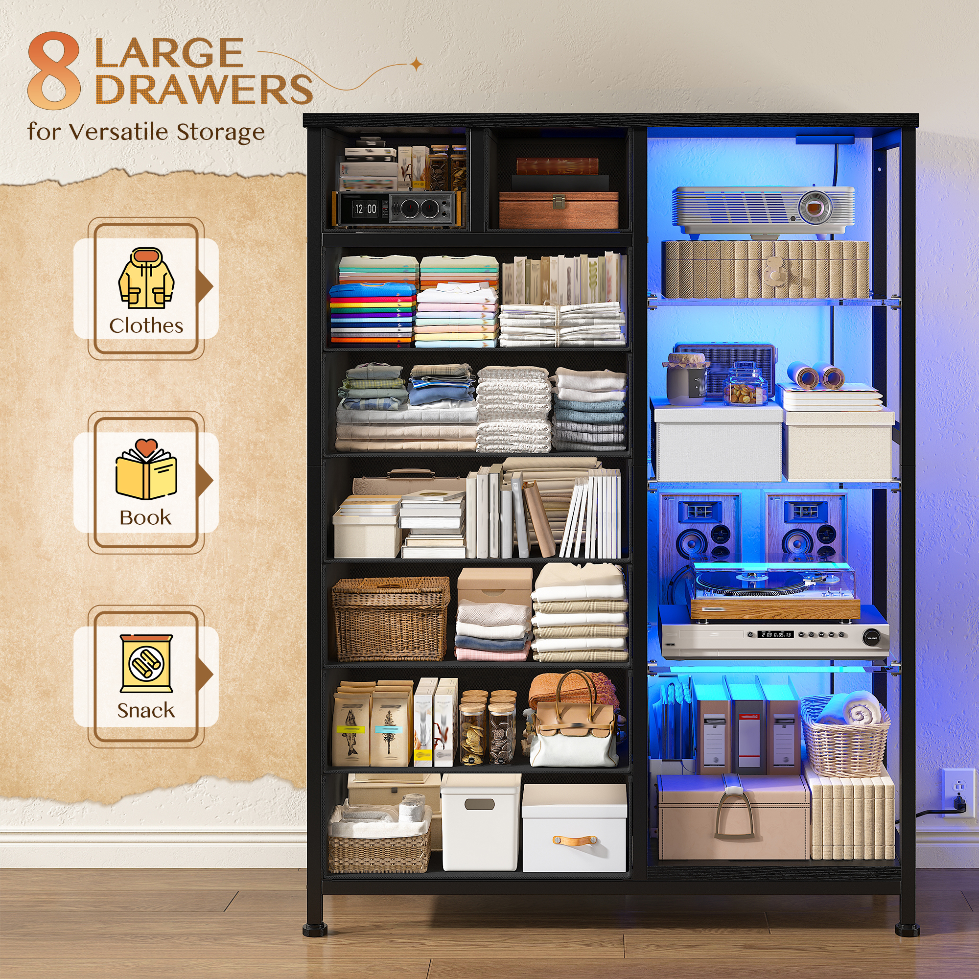 EnHomee Black Dresser for Bedroom with Acrylic Open Shelves & Charging Station Tall Dresser with 8 Fabric Drawers & LED Lights