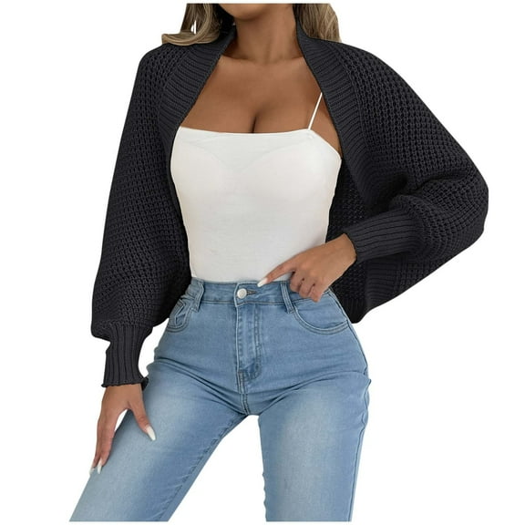 XPMWRP Women's Open Front Ribbed Knit Crop Shawl Irregular Sweaters Long Sleeve Solid Color Loose Fit Knitted Cardigan Shrug Black Free Size