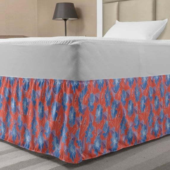 Floral Bed Skirt, Pastel Hand Drawn Flower Bouquets Chicory Petals Fragrance Buds Beauty, Elastic Bedskirt Dust Ruffle Wrap Around for Bedding Decor, 4 Sizes, Salmon and Dark Violet, by Ambesonne
