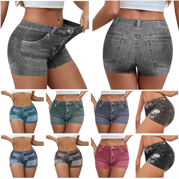 QATAINLAV Wine Jeans Print Biker Shorts for Women Stretchy Slimming Butt Lifting Curvy Booty Jegging Shorts Workout Gym Clothes S