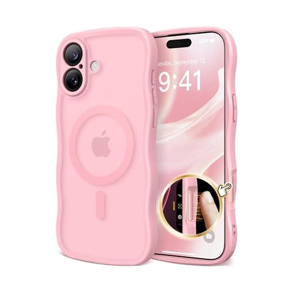 Eryueer for iPhone 16 Case for Women Girls, Upgraded [Full Camera Protection] [Compatible with MagSafe] Cute Wave Translucent Matte Phone Case for iPhone 16, Peach Pink