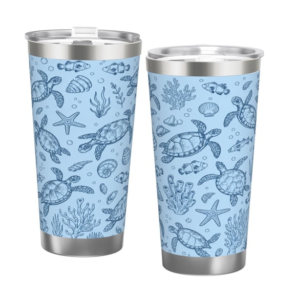 20oz Sea Turtle Ocean Tumbler with Handle Stainless Steel Insulated Travel Coffee Cup Beach Theme Gift with Double Silver Rim
