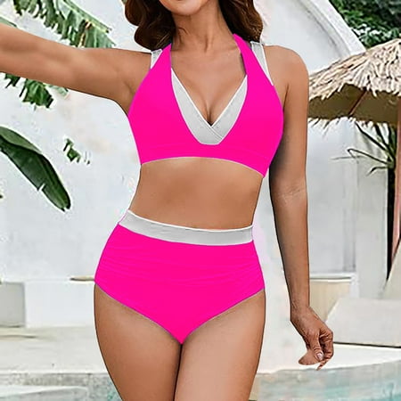 Ovticza Womens High Waisted Thong Bikini Sets Sexy Brazilian Triangle Top Halter V Neck Two Piece Swimsuit Color Block Bathing Suits Hot Pink L