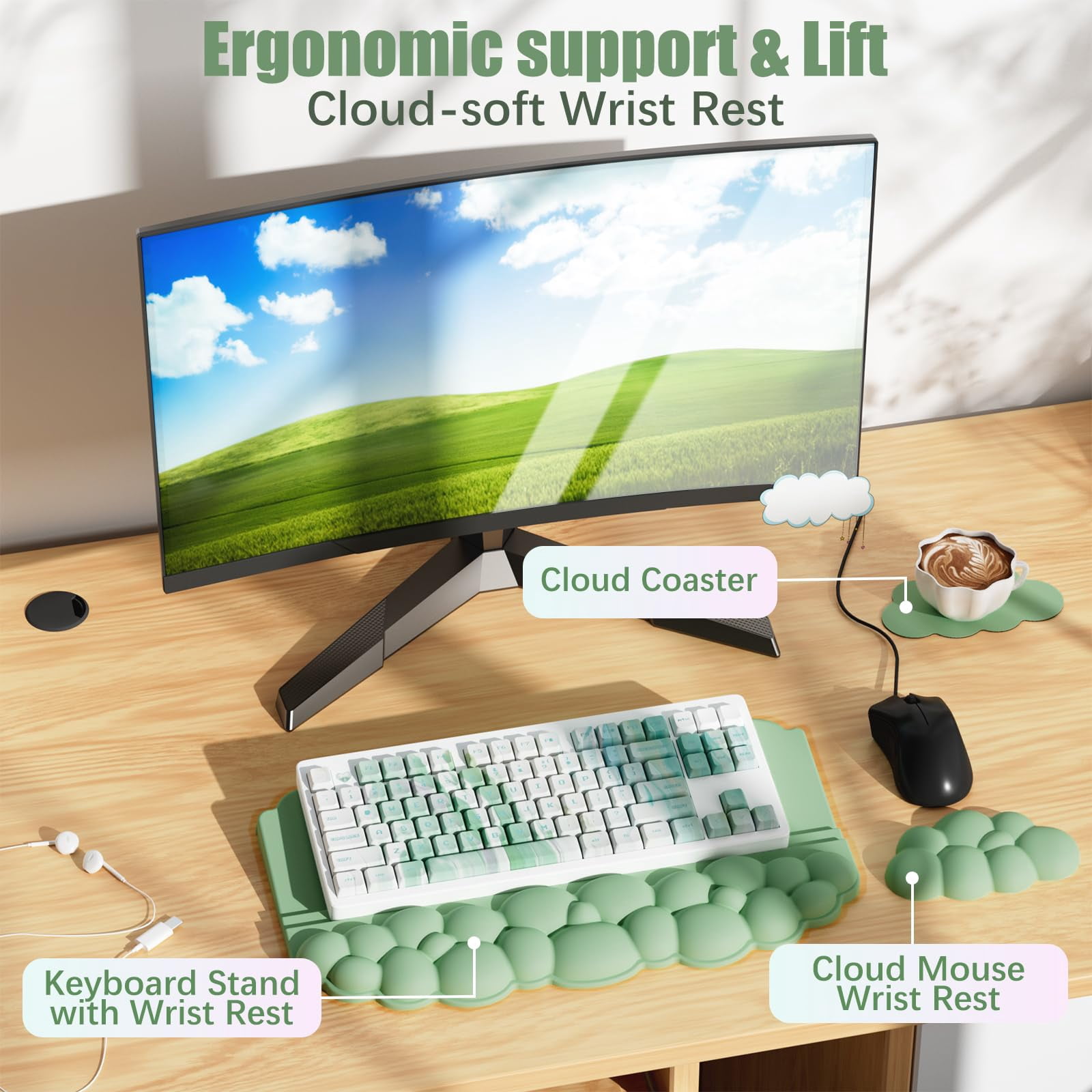 Wrist Rest With Stand  Computer Support Pad Cloud Riser Holder Memory Foam Desk Cushion Palm Hand Typing For Office Home School-green