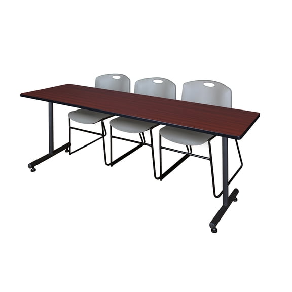 84" x 24" Kobe Training Table- Mahogany & 3 Zeng Stack Chairs- Grey