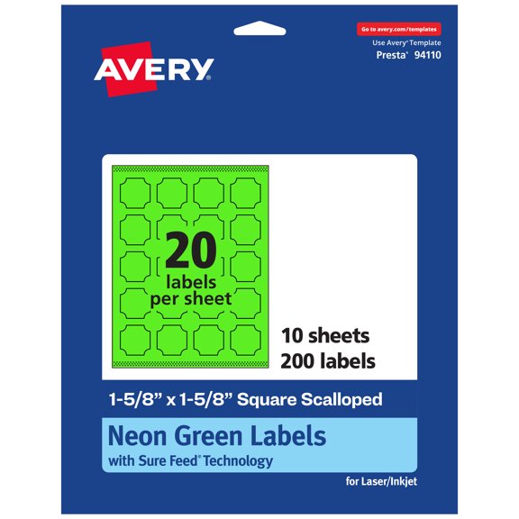 Avery Square Scalloped Labels, Neon Green, 1-5/8" x 1-5/8", 200ct