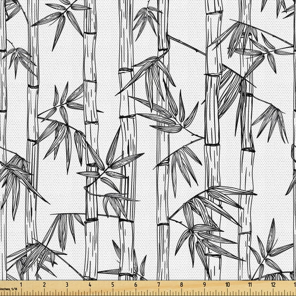 Ambesonne Asian Print Fabric by the Yard Upholstery, Exotic Inspired Tree, 2 Yards, Charcoal Grey and White