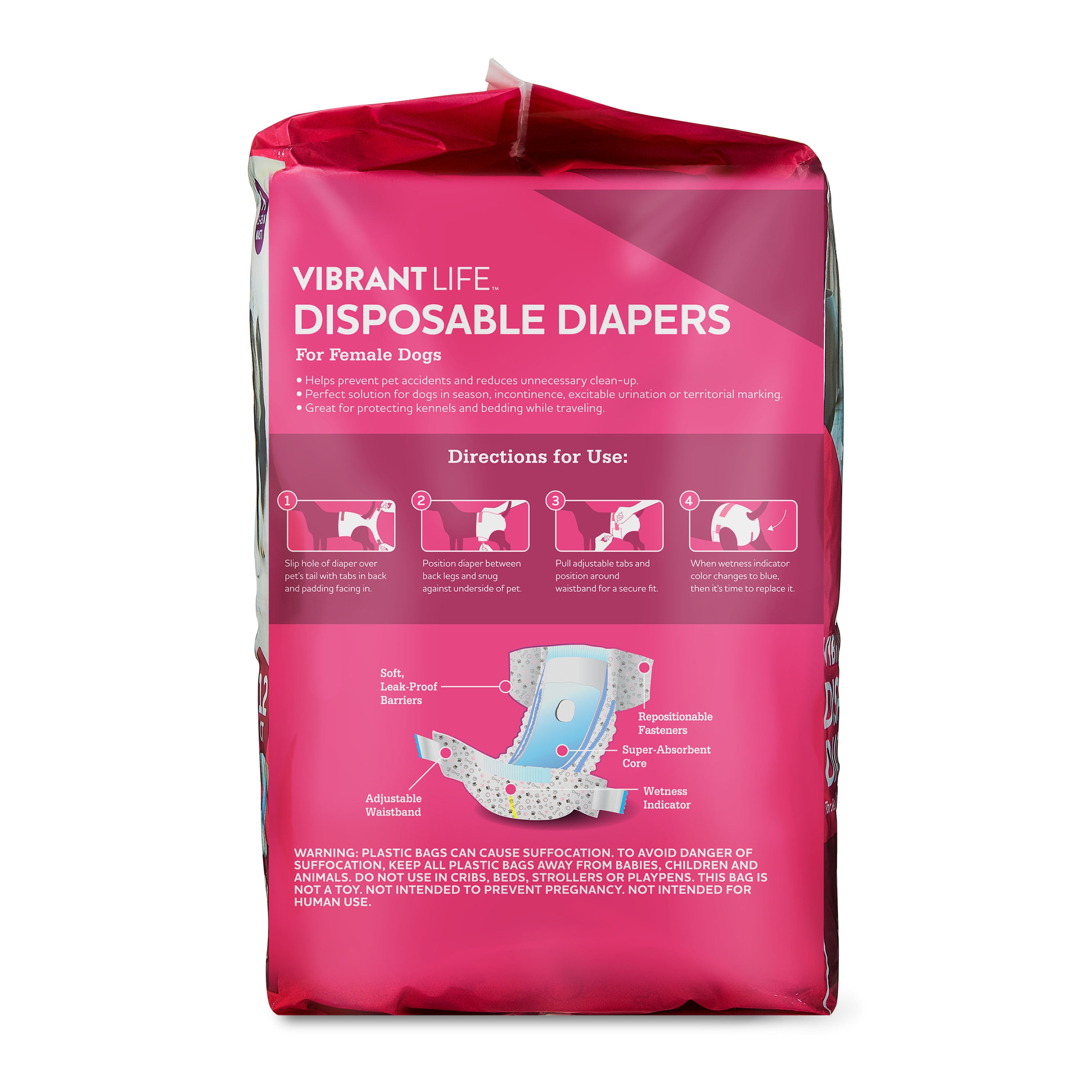 (4 pack) Vibrant Life Disposable Dog Diapers for Female Dogs, M, 12 Count