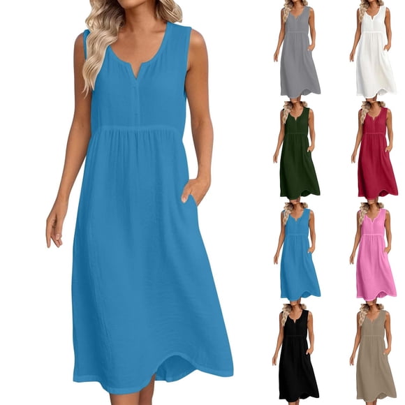 Sentmoon Linen Dress Women Summer 2026 Trendy Solid Color Beach Vacation Clothes for Women Breathable Regular Fit for Beach and Vacation Gray S