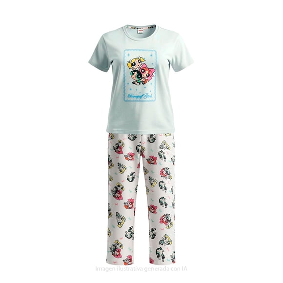 Pijama The Powerpuff Girls para Dama Set Playera Manga Corta con Pantalón Multicolor Talla M 2 Piezas