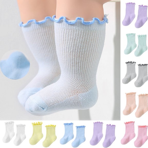 ITSAME Baby Girls Crew Socks Ruffle Cuff Breathable Cotton Thin Solid Color Mid-Calf Casual Socks for Infants Blue Size 12M