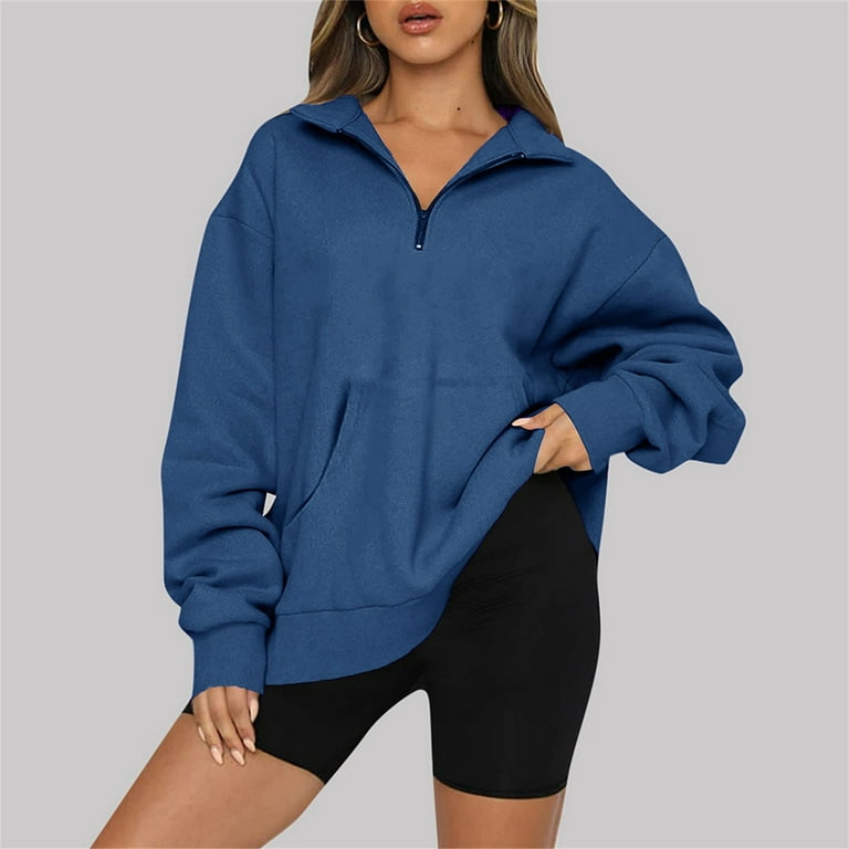 Sksloeg Womens Oversized Quarter Zip Pullover Long Sleeve Laple Drop  Shoulder Blue Sweatshirts Fall Fashion 2024 Y2K Clothes,Dark Blue XL 