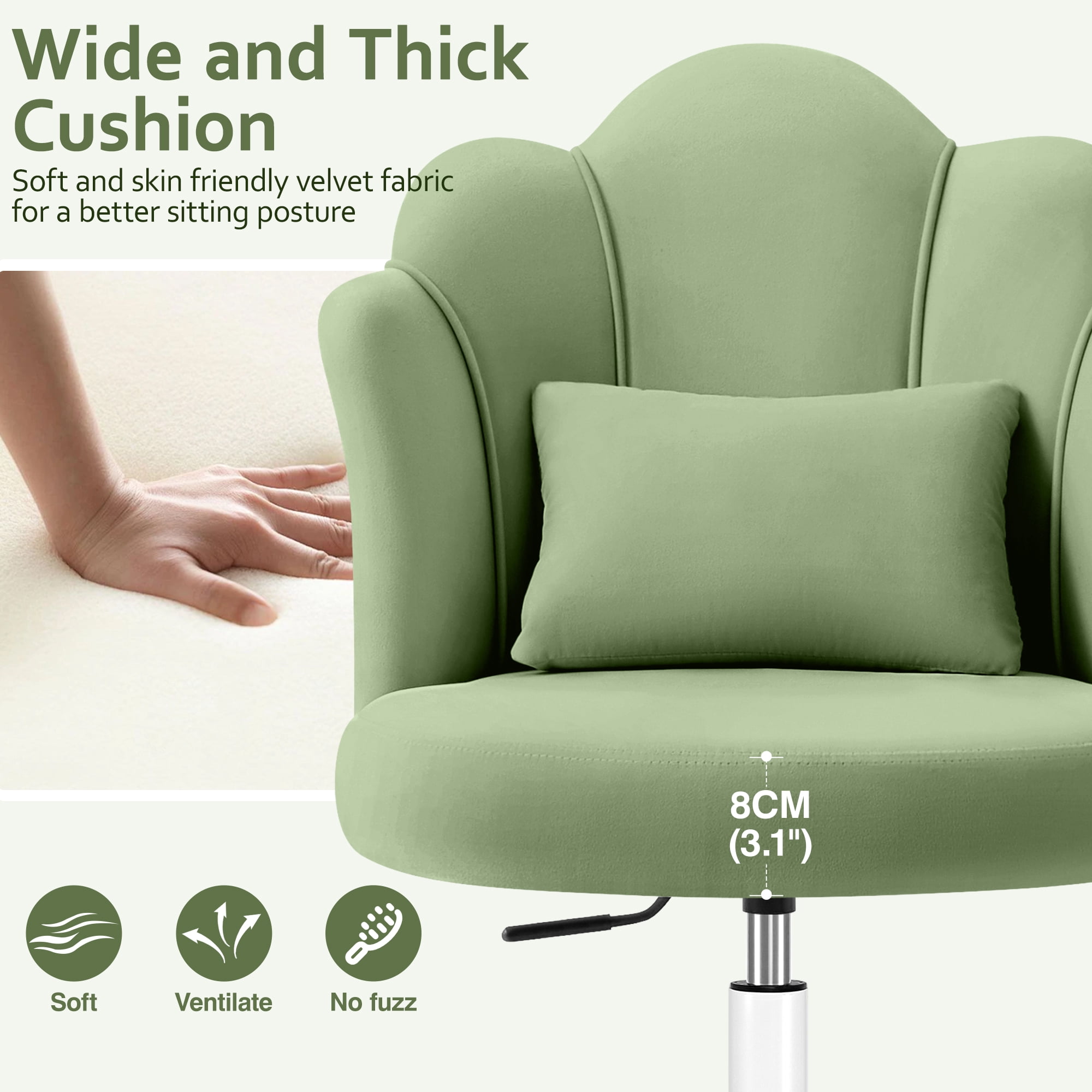 COOLHUT Vanity Chair, Velvet Petal Vanity Makeup Chair with Lumber Support, Home Office Desk Chair with Wheels, Height Adjustable Computer Work Chair for Bedroom, Living Room, Green