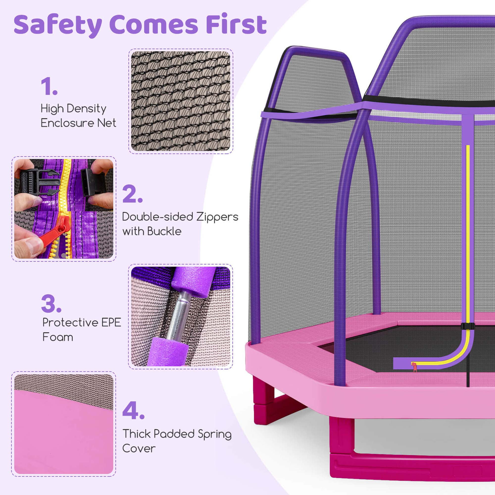 Costway 7 FT Kids Trampoline with Safety Enclosure Net Spring Pad & Jumping Mat for Kids Pink