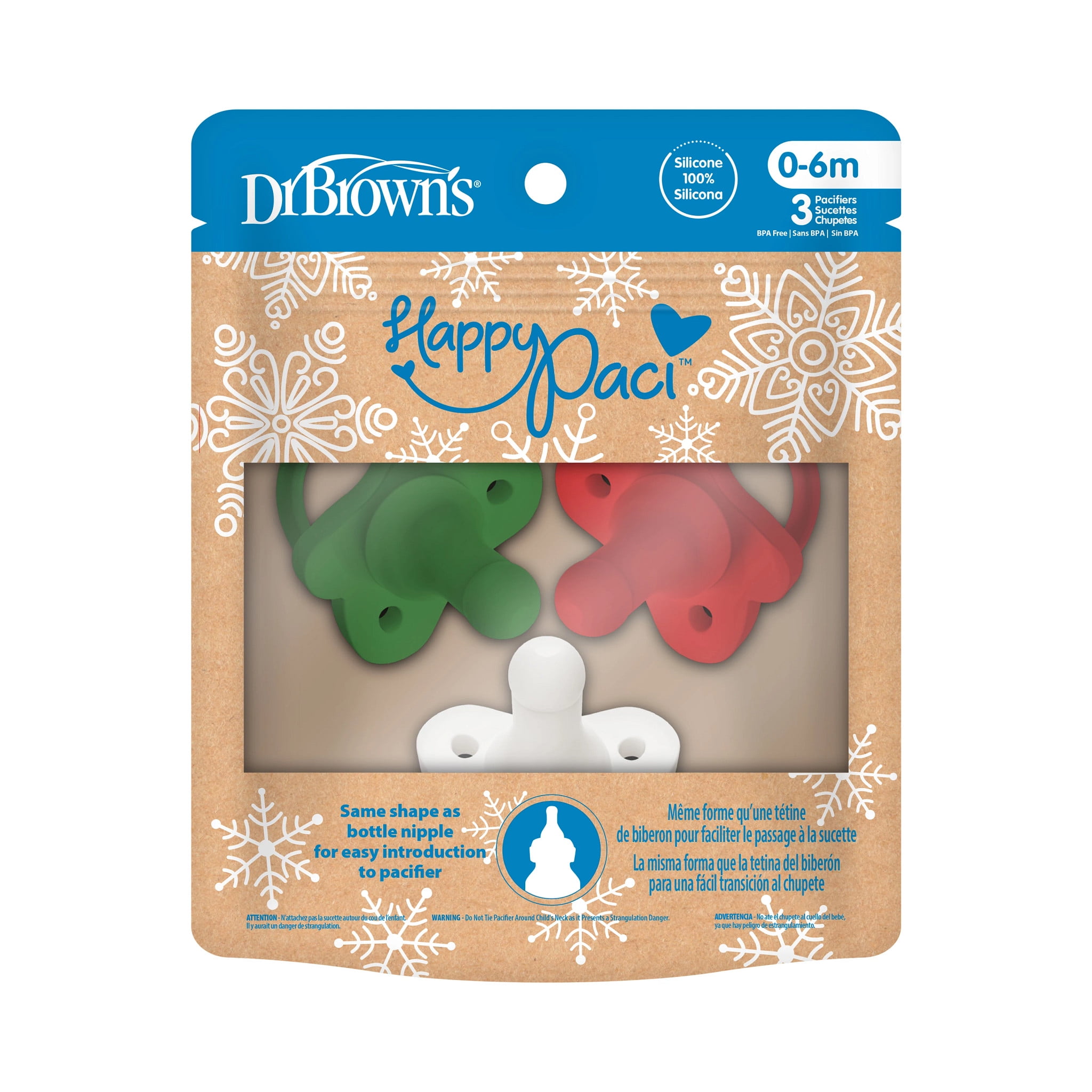 Dr. Brown's Holiday HappyPaci, 100% Silicone Baby Pacifier 0-6m, Red/Green/White, BPA Free, 3 Pack