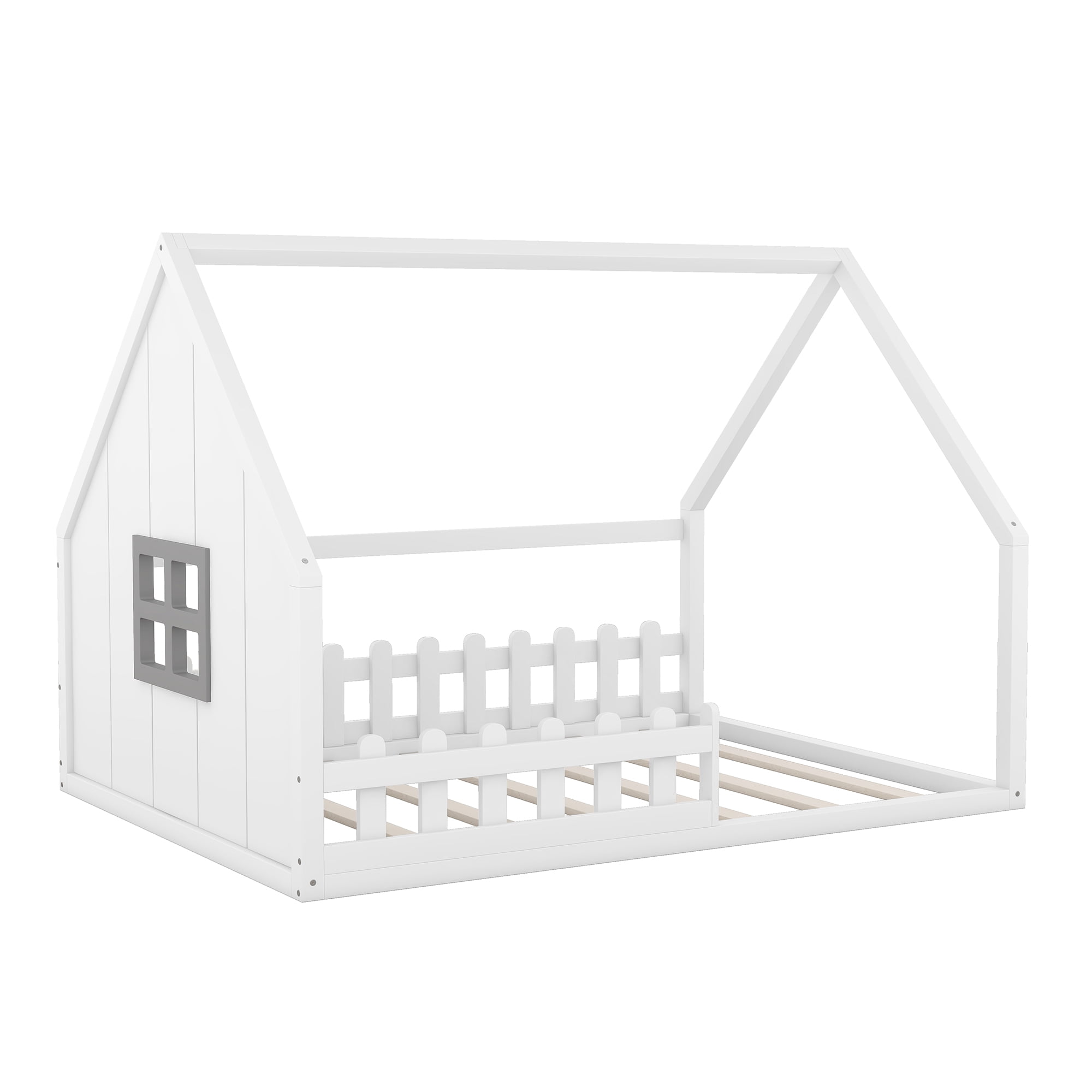Gewnee Full Size House Bed with Fence, Wooden Montessori Floor Bed with Window for Toddler Kids,White