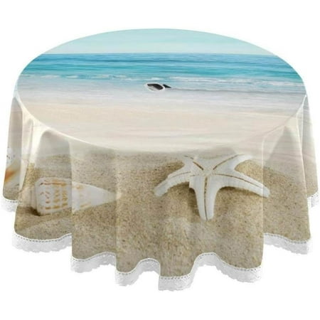 

Hyjoy Seashell Tropical Beach Landscape Outdoor Round Tablecloth Waterproof Stain-Resistant Non-Slip Circular Tablecloth 60 Inch with Umbrella Hole and Zipper for Tabletop Backyard Party BBQ Decor