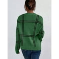 thumbnail image 3 of Checkered Knit Sweater for Women Fall Winter Casual Crew Neck Pullover Sweaters Color Block Tops Green XL, 3 of 8