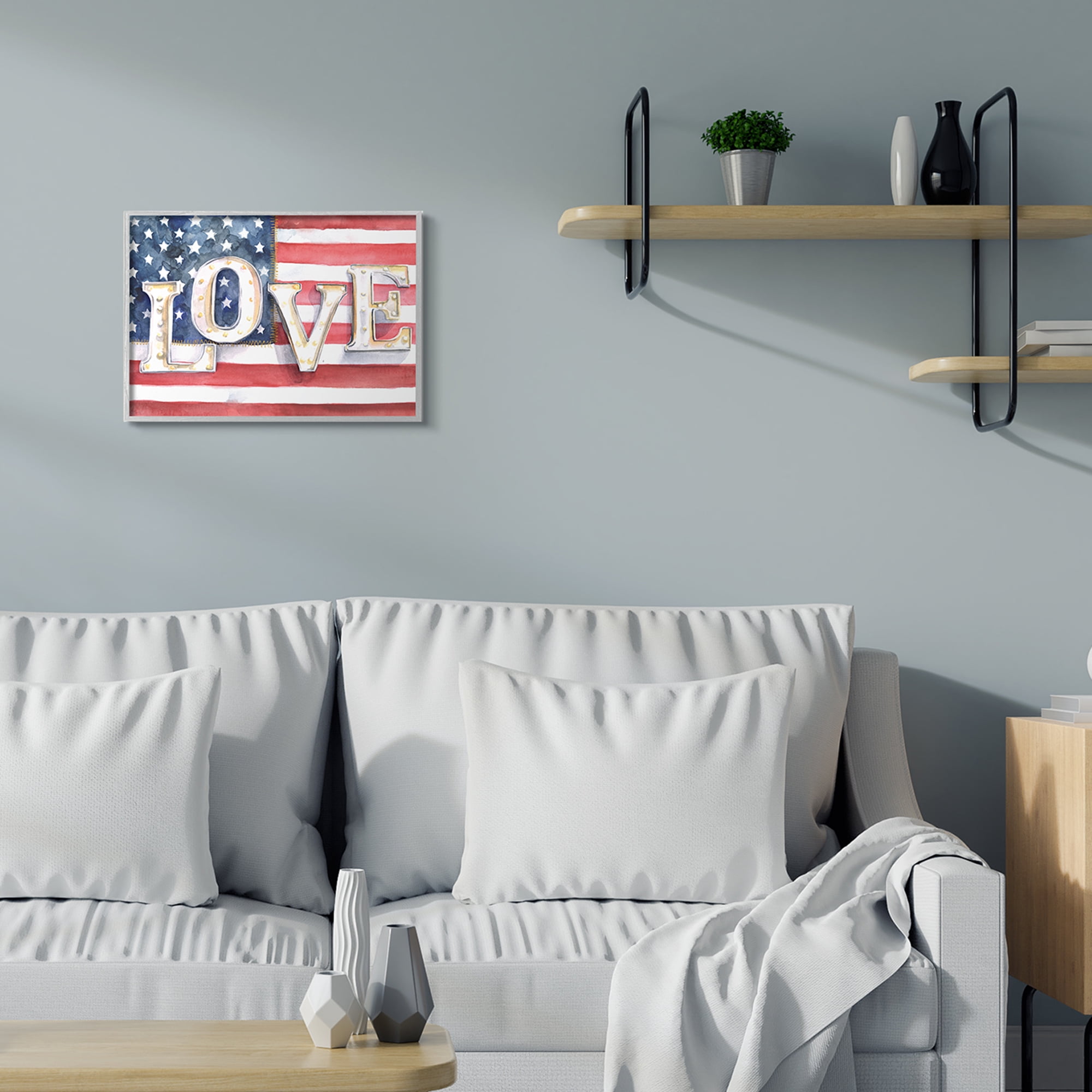 Stupell Industries Vintage Love Text Over Stitched American Flag Inspirational Painting Gray Framed Art Print Wall Art, 16 x 20