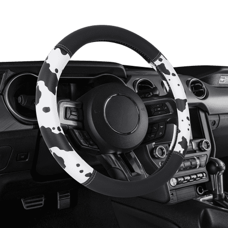 Auto Drive Black White Cow Print Faux Leather Steering Wheel Cover, Universal Fit for Sedans, SUVs