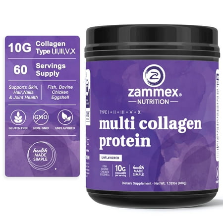 Zammex Multi Collagen Peptides Powder 21.2oz, Unflavored Hydrolyzed Multi Collagen Protein Powder, Collagen Types I,II,III,V,X, 2-Months Supply