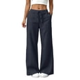 thumbnail image 2 of Usloyux Women's Wide Leg Trousers with Pockets Flowy Drawstring Long Pants for Summer Beach Casual Party Work, Dark Gray S, 2 of 9