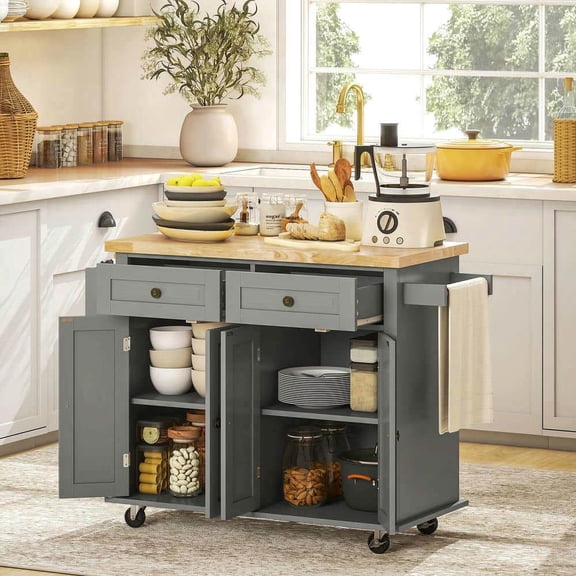 Spaco Kitchen Island Cart with Rubber Wood Top, Rolling Kitchen Island Table on Wheels with Drawers and Adjustable Shelves, Kitchen Island for Indoor as Kitchen, Bar, Dining Room, Gray
